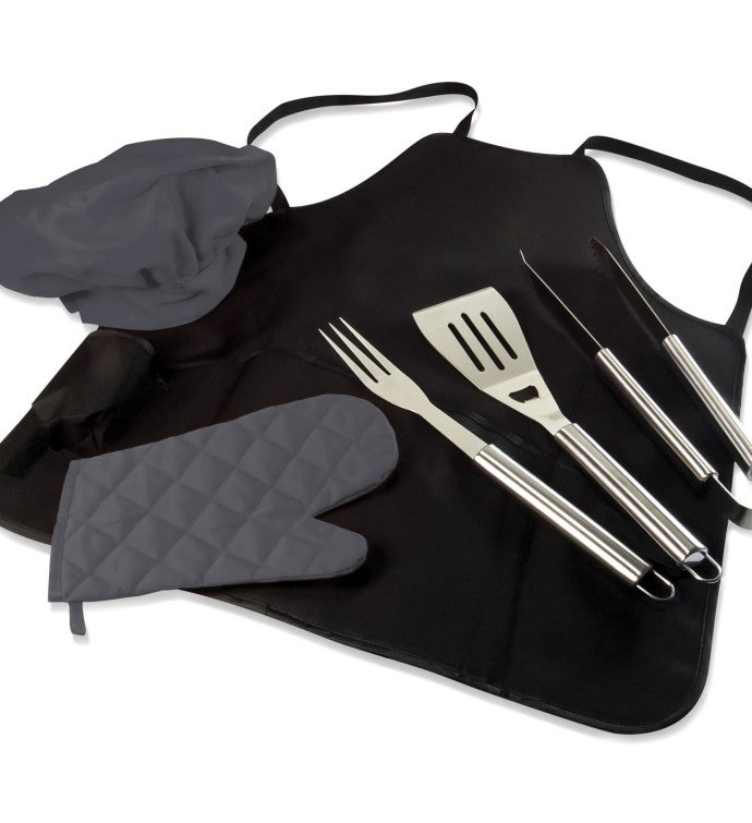Bbq Apron Tote Pro Grill Set, Black With Gray Accents